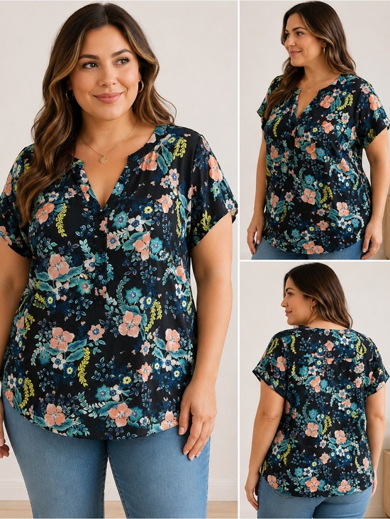 New York & Company Tops - New York & Company Women’s Large Black Floral V-Neck Blouse Short Sleeve